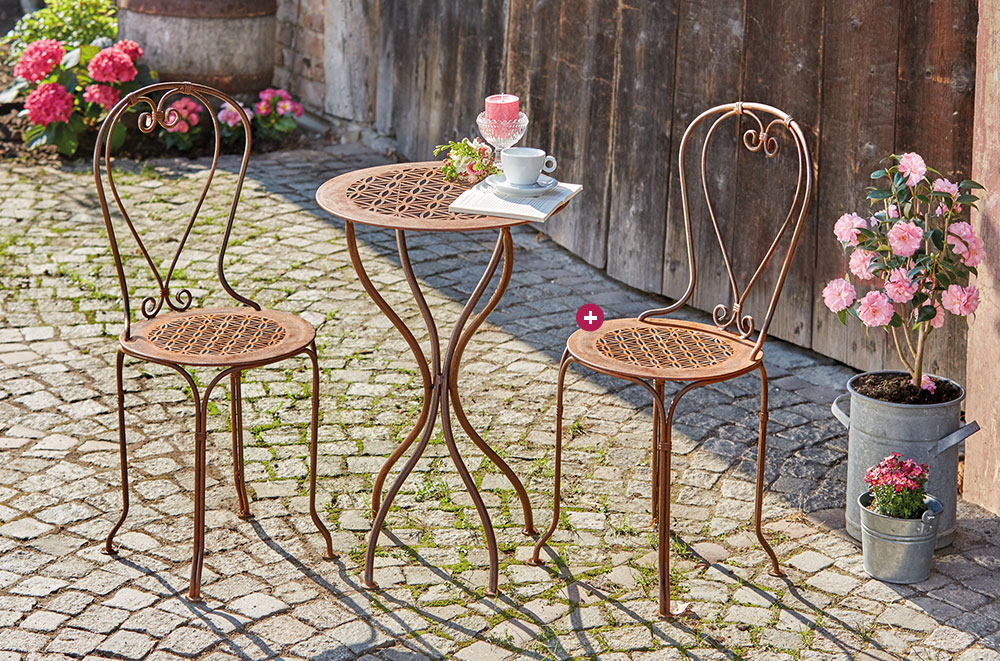 Produkte: Edelrost-Gartentisch "Blume des Lebens" mit zwei passenden Stühlen