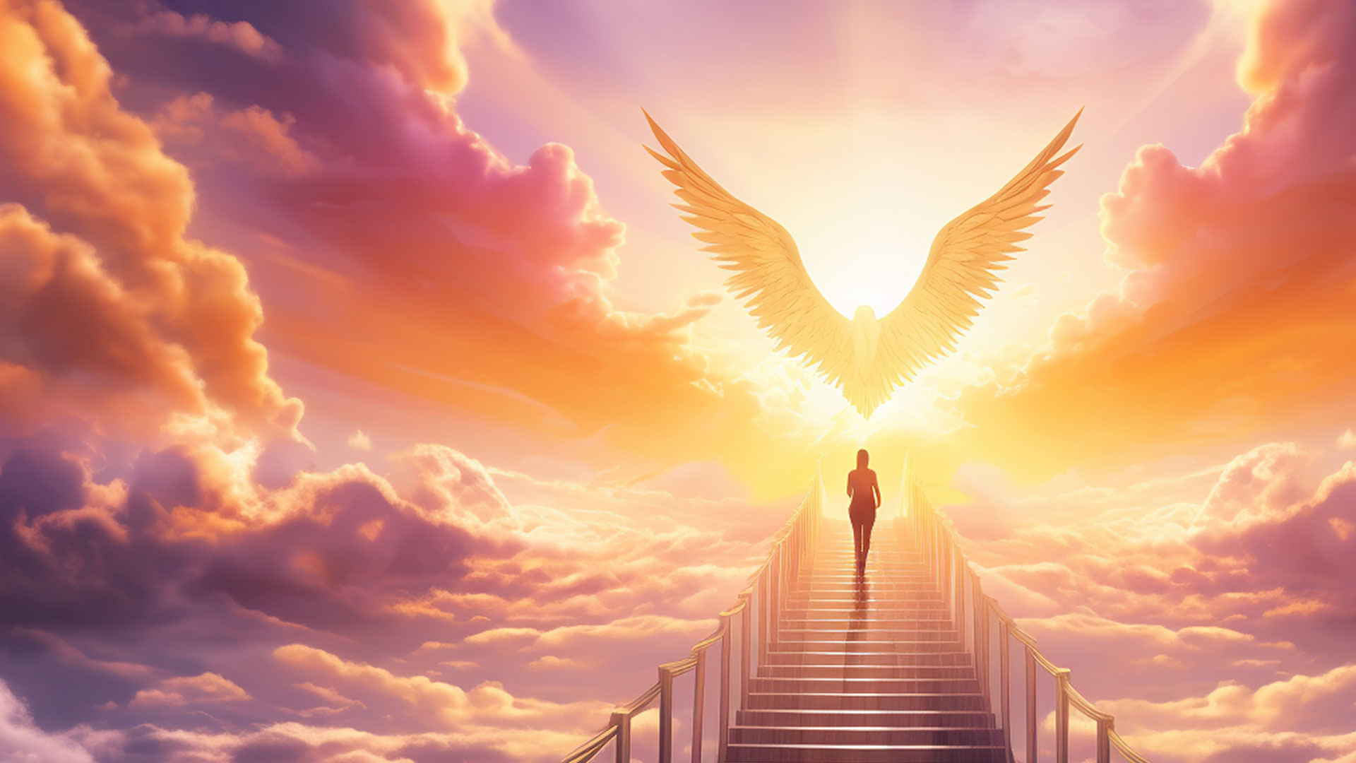 Eine Person steigt eine Treppe empor, die durch leuchtende Wolken führt und im strahlenden Licht endet. Dort erhebt sich majestätisch eine Engelsgestalt – ein Symbol für Schutz, Hoffnung und himmlische Führung. 