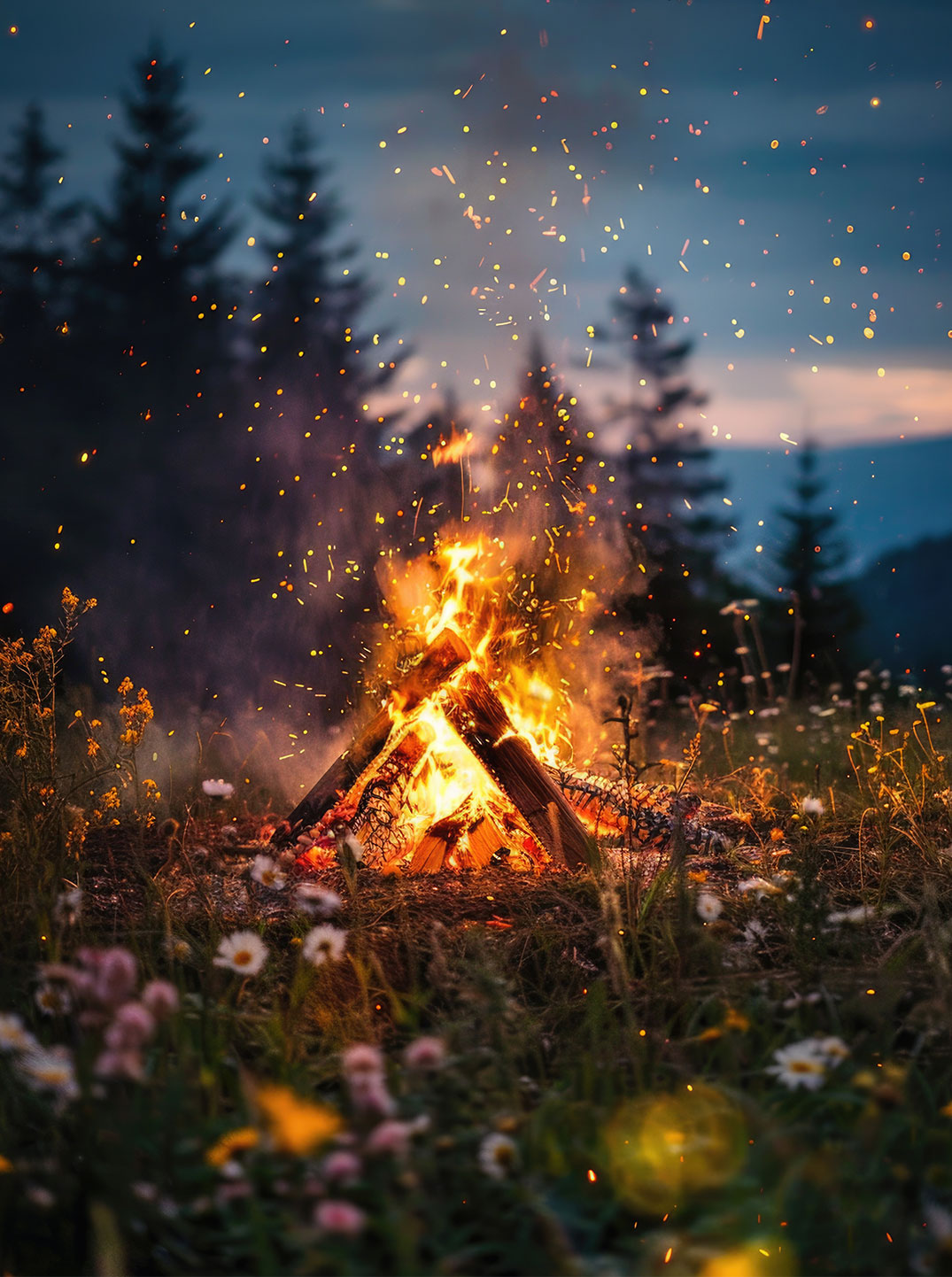 Ein hell loderndes Lagerfeuer brennt auf einer Wiese zwischen wilden Blumen. Funken steigen in den Abendhimmel, im Hintergrund dunkle Silhouetten von Nadelbäumen. Die Atmosphäre ist stimmungsvoll, warm und magisch.